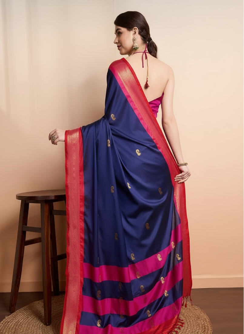 Royal Navy Blue & Classic Red Paithani Cotton Silk Saree