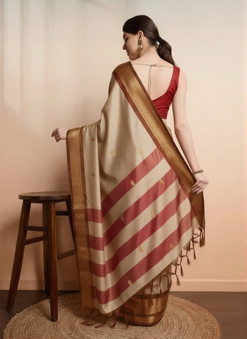 Elegant Tussar Beige & Rich Brown Paithani Cotton Silk Saree