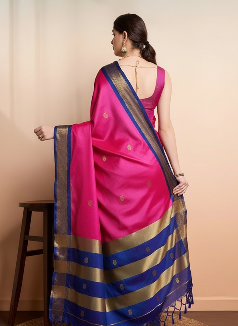 Vibrant Rani Pink & Royal Blue Paithani Cotton Silk Saree