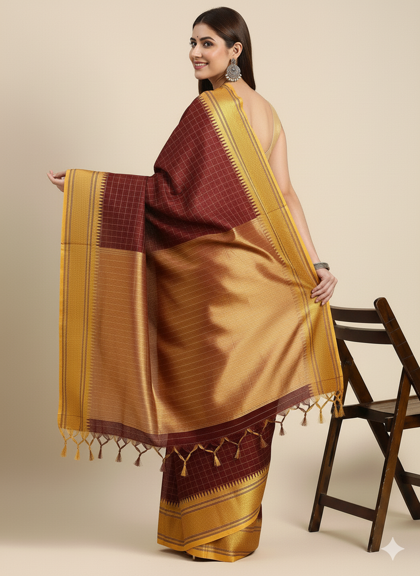 Rich Dark Maroon & Golden Yellow Checks Paithani Cotton Silk Saree with Zari Border
