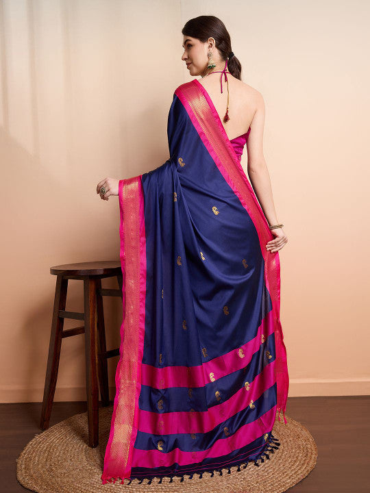 Elegant Navy Blue & Rani Pink Paithani Cotton Silk Saree