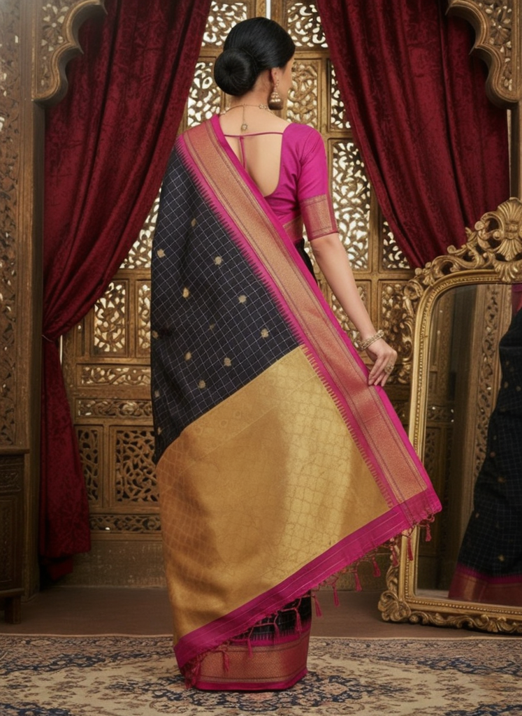 Elegant Black Checks Paithani Cotton Silk Saree with Pink & Gold Zari Border