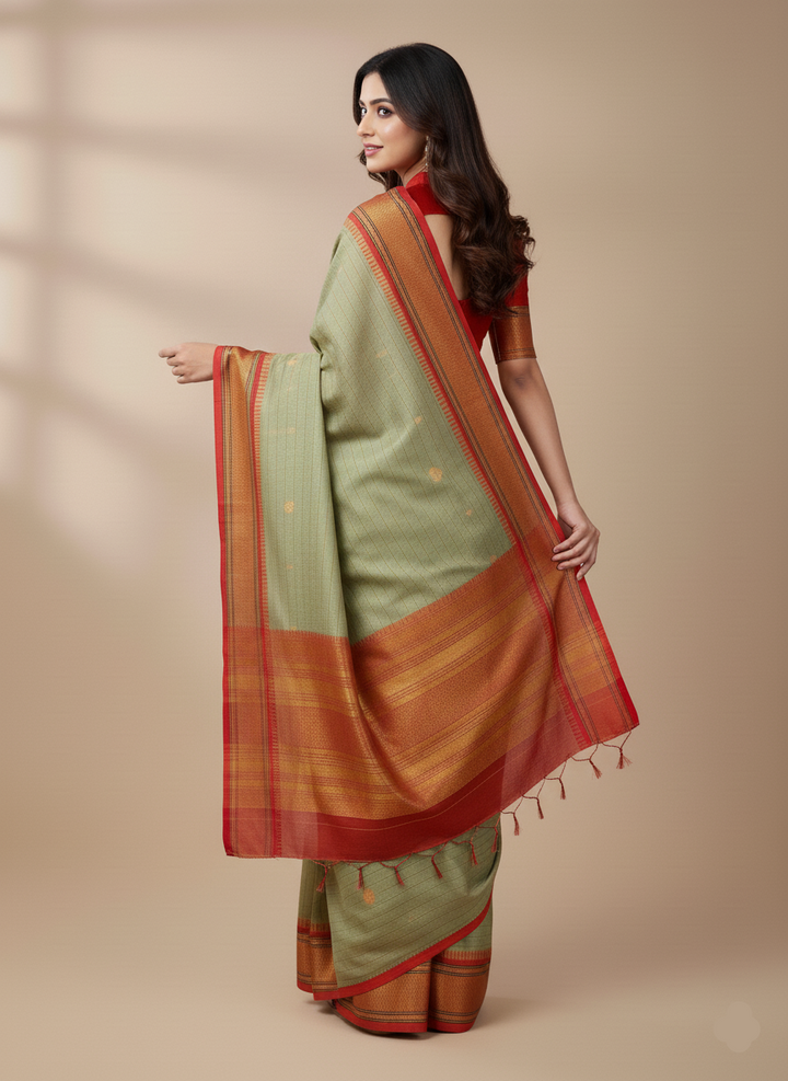 Elegant Olive Green & Red Cotton Silk check paithani Saree