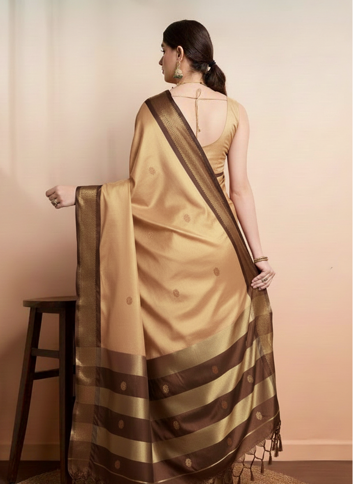 Royal Beige Paithani Cotton Silk Saree with Brown Zari Border
