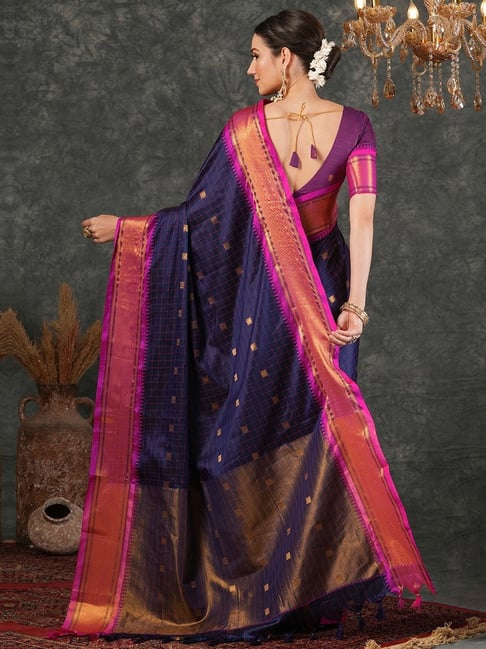 Elegant Navy Blue & Pink Checks Paithani Cotton Silk Saree with Zari Border