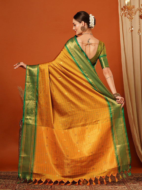 Elegant Gold & Green Checks Paithani Cotton Silk Saree with Zari Border