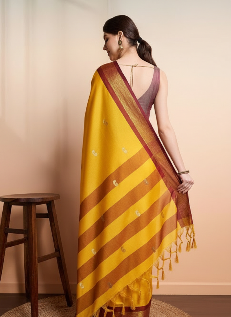 Radiant Mango Yellow & Wine Brown Paithani Cotton Silk Saree