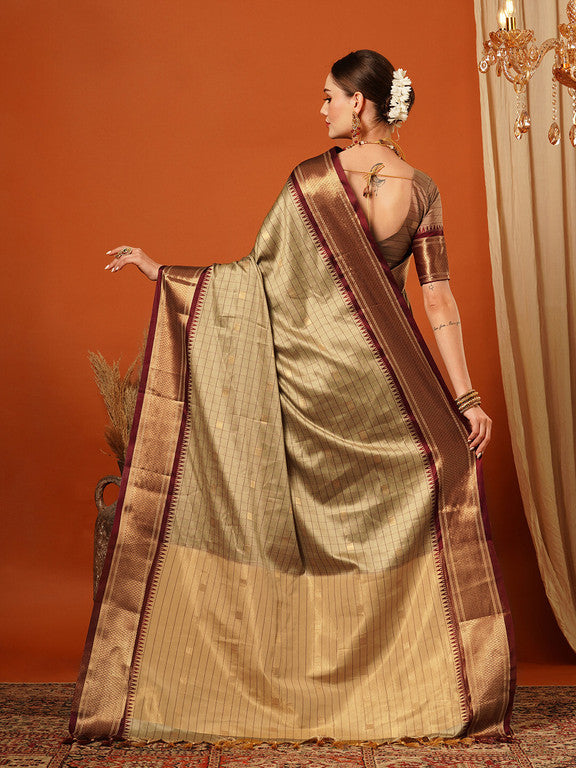 Elegant Beige & Maroon Checks Paithani Cotton Silk Saree with Zari Border