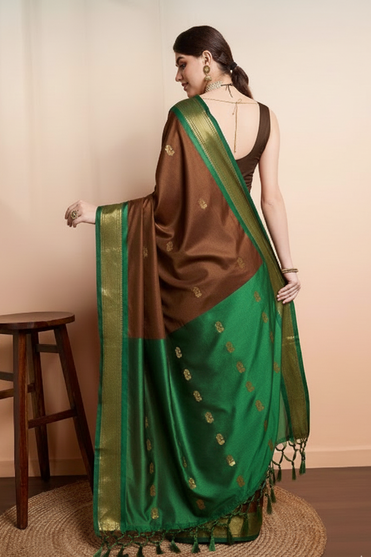 Elegant Brown & Emerald Green Paithani Cotton Silk Saree