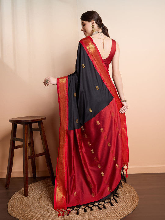 Royal Black & Crimson Red Paithani Cotton Silk Saree