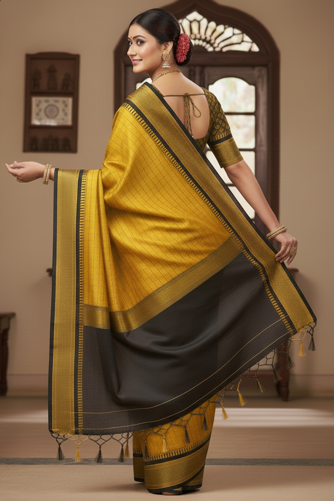 Royal Gold & Black Checks Paithani Cotton Silk Saree with Zari Border