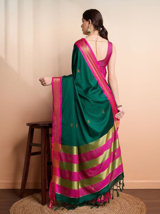 Royal Emerald Green & Rani Pink Paithani Cotton Silk Saree