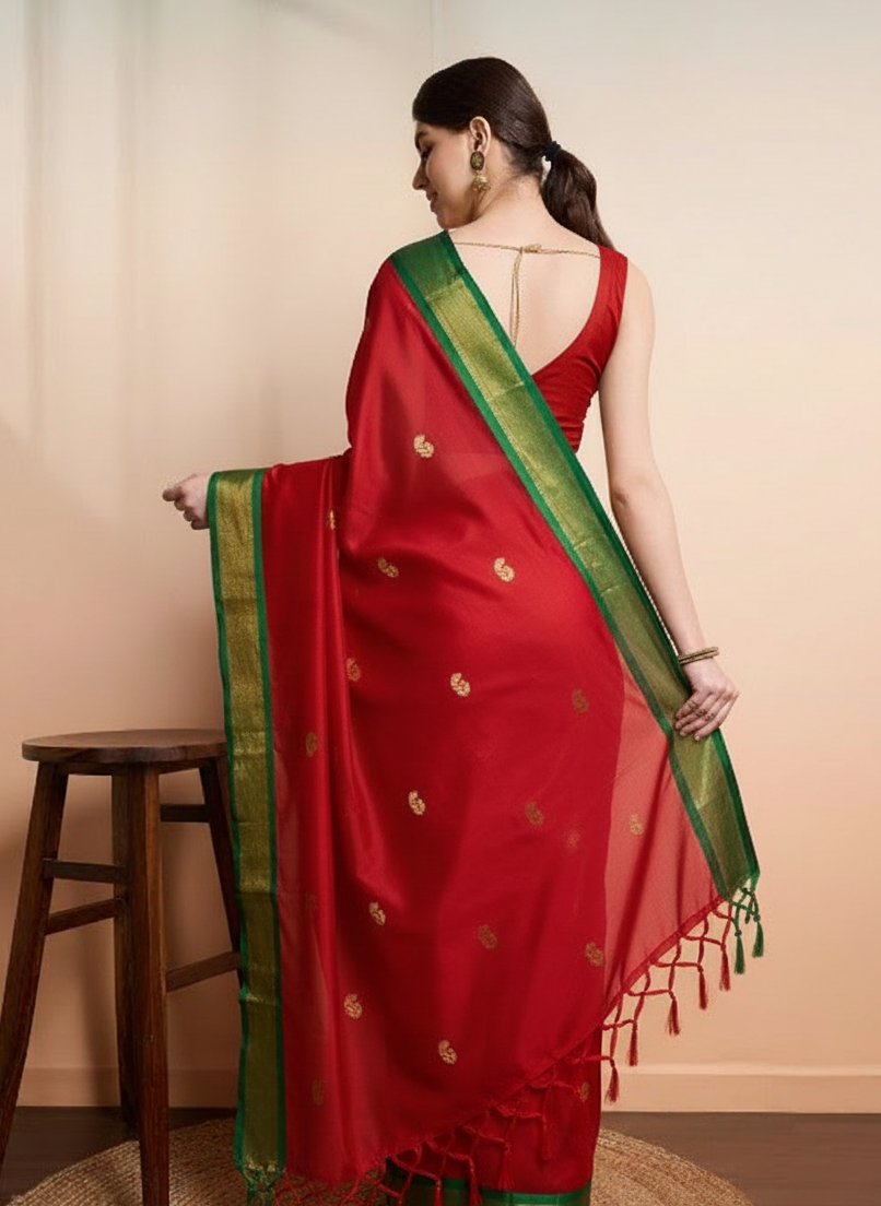 Traditional Red & Emerald Green Paithani Cotton Silk Saree