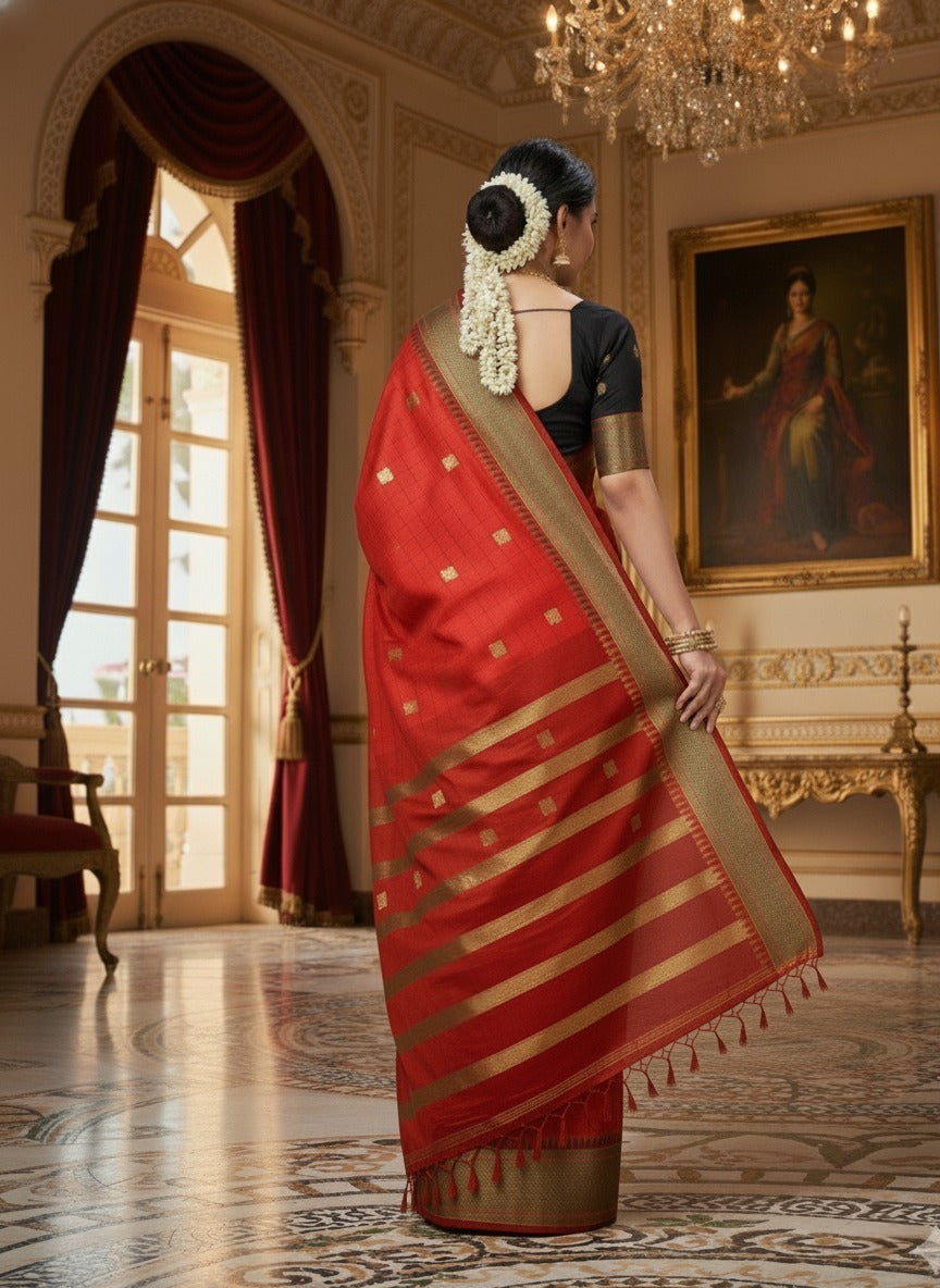 Royal Red & Black Cotton Silk Checks paithani Saree