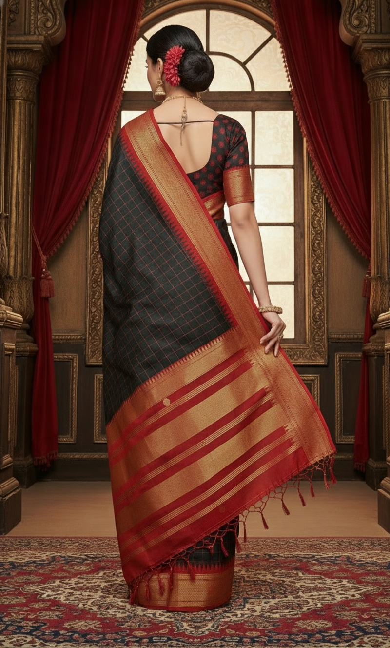 Elegant Black & Red Checks Paithani Cotton Silk Saree with Gold Zari Border