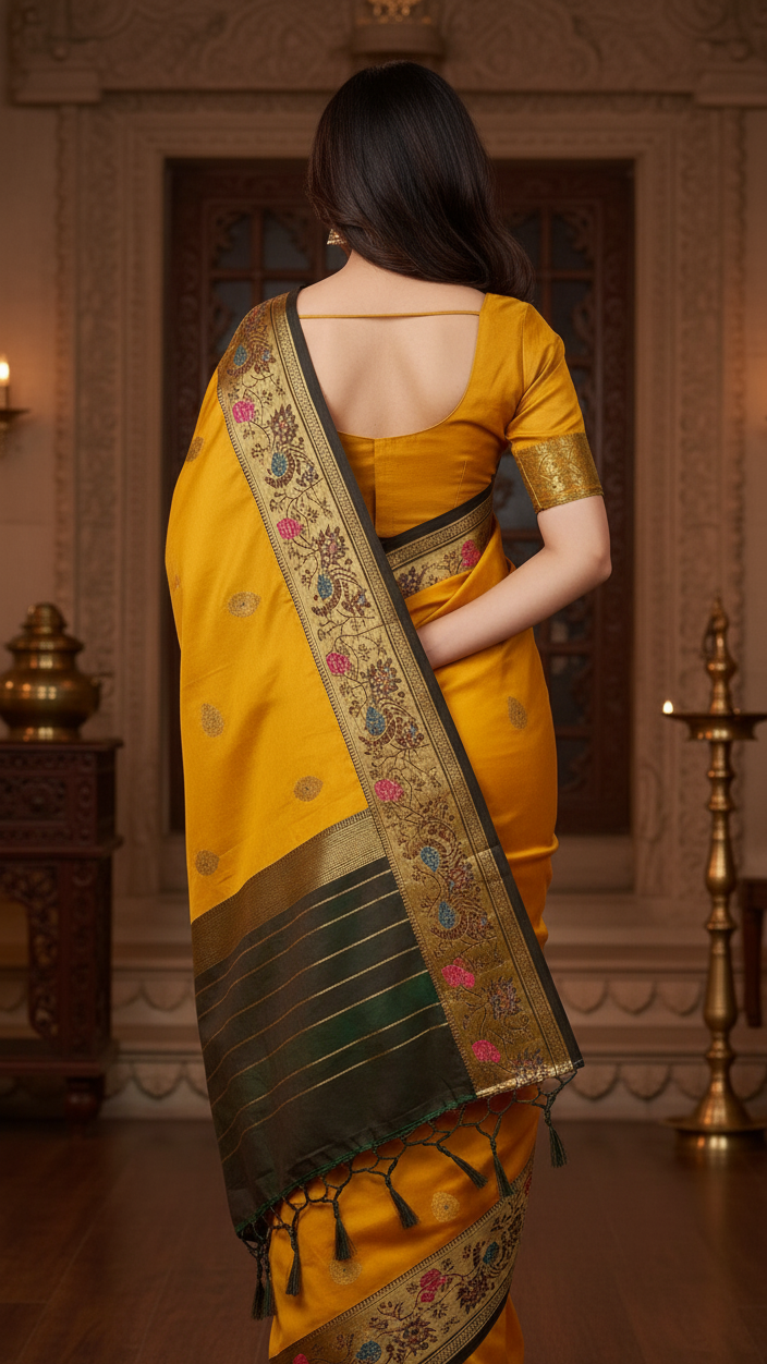 Mustard Gold Jacquard Silk Saree with Peacock Zari Border