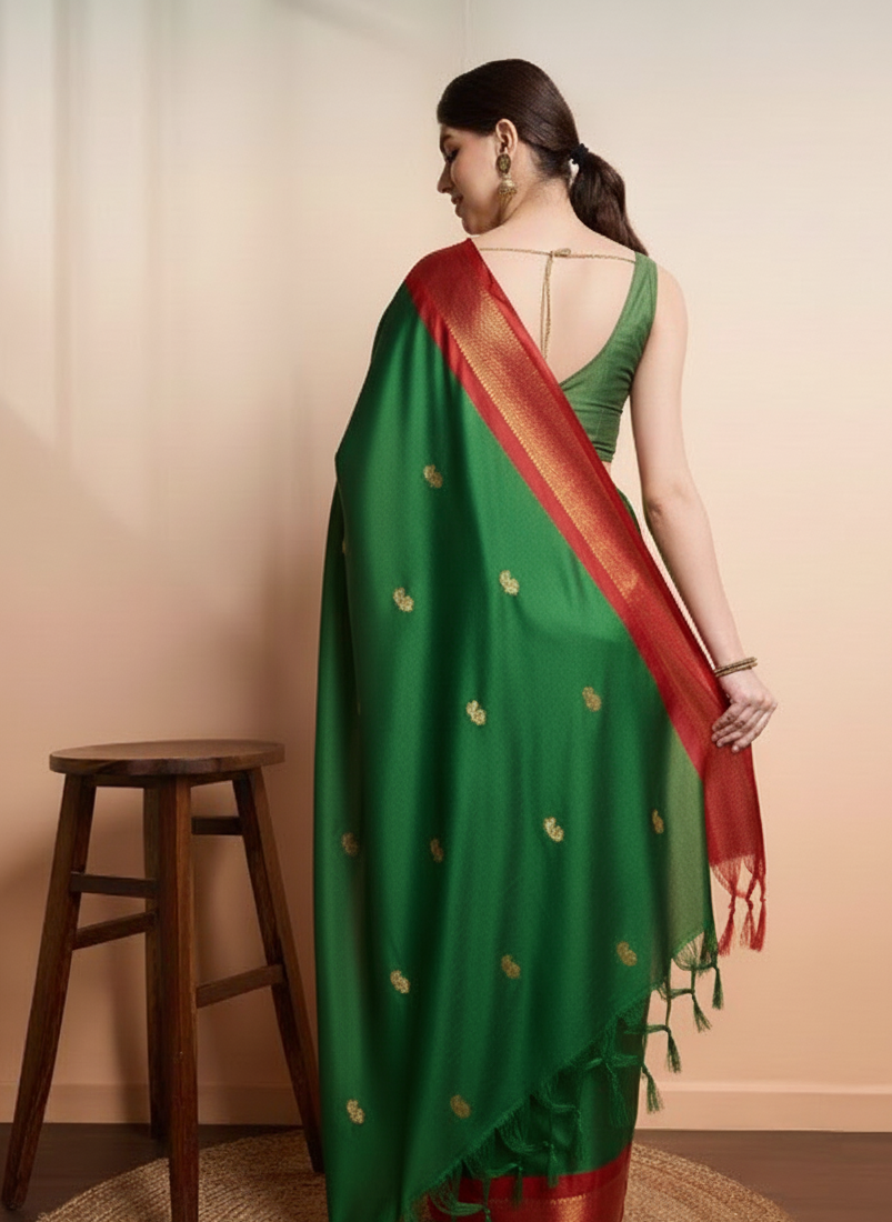 Classic Emerald Green & Royal Red Paithani Cotton Silk Saree