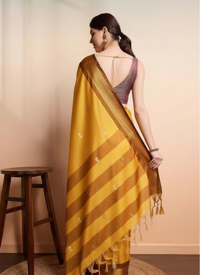 Radiant Mustard Yellow & Classic Brown Paithani Cotton Silk Saree