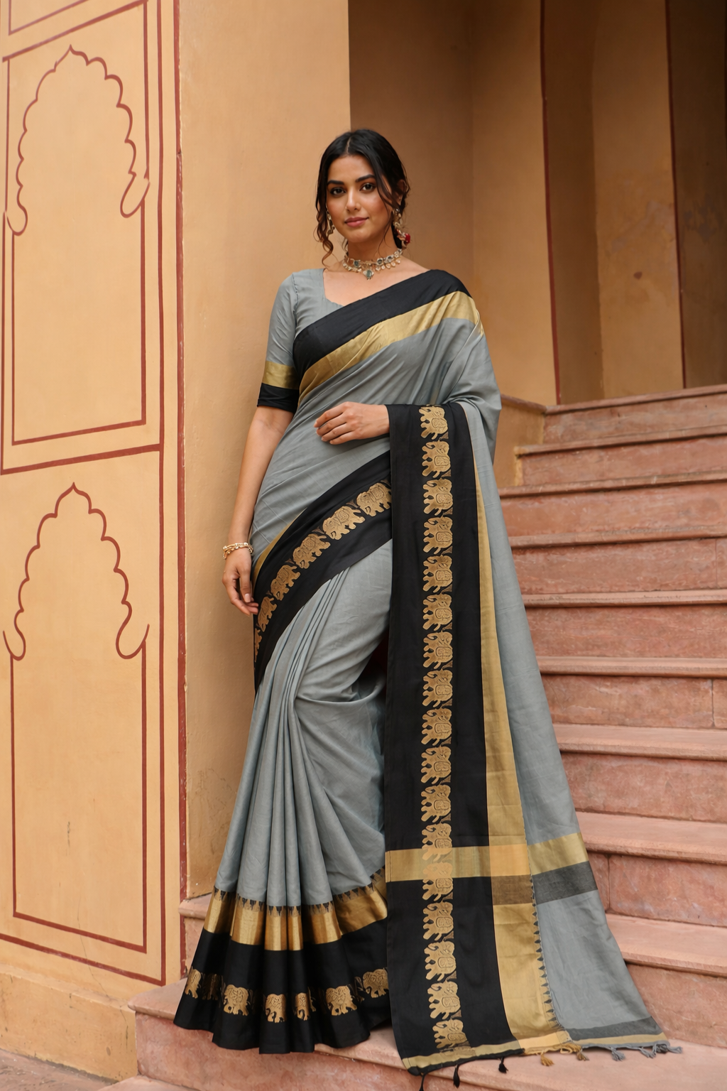 Steel Grey & Classic Black Cotton Silk Savanna Elephant Saree