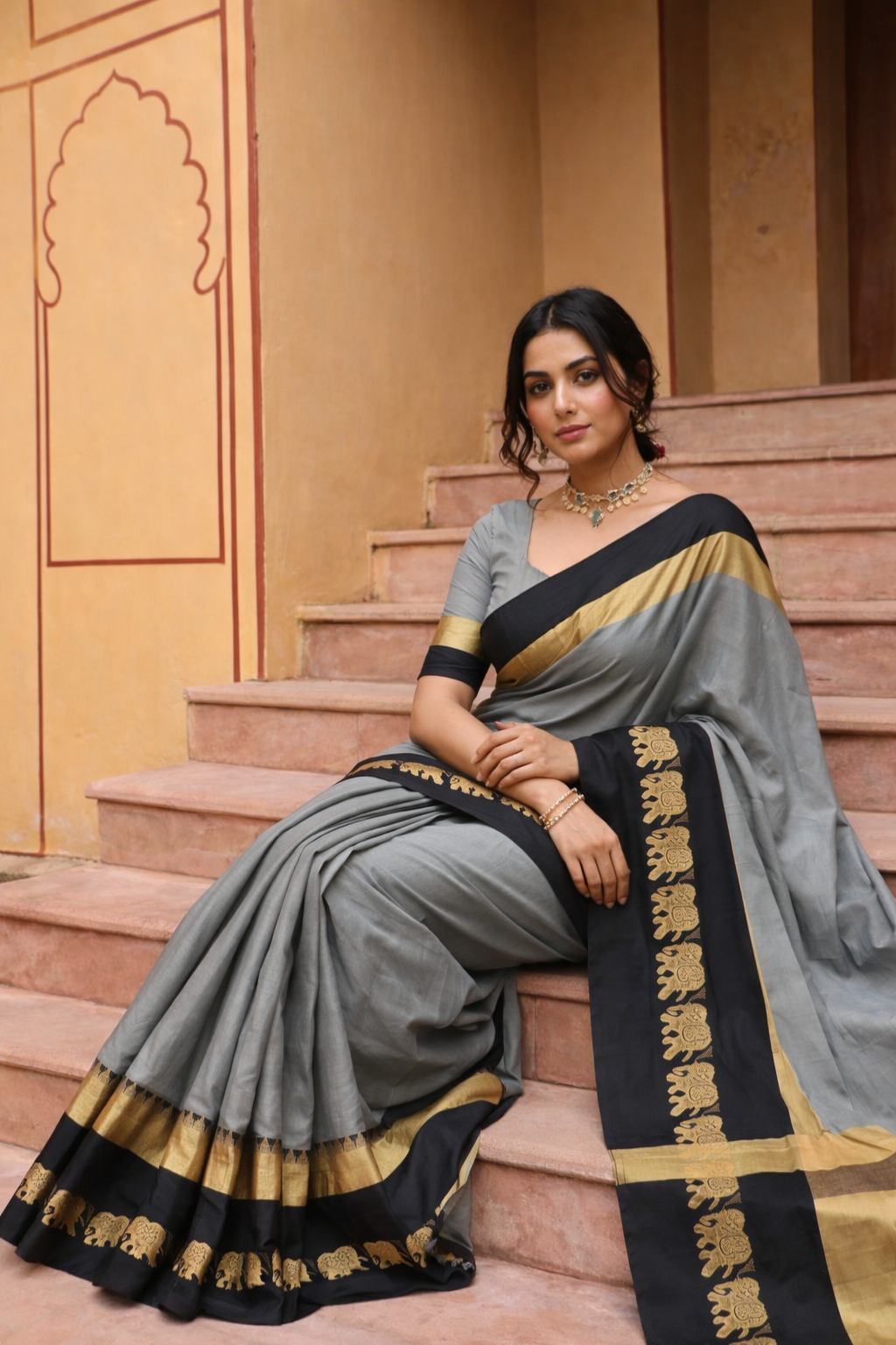 Steel Grey & Classic Black Cotton Silk Savanna Elephant Saree