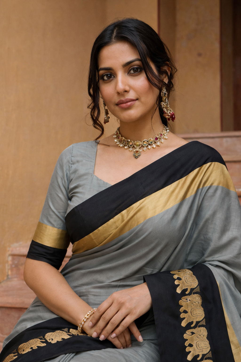 Steel Grey & Classic Black Cotton Silk Savanna Elephant Saree