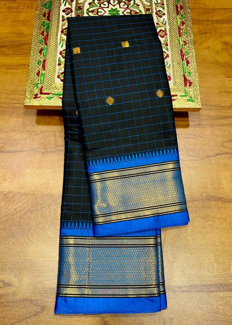 Royal Black & Blue Checks Paithani Silk Saree with Zari Border