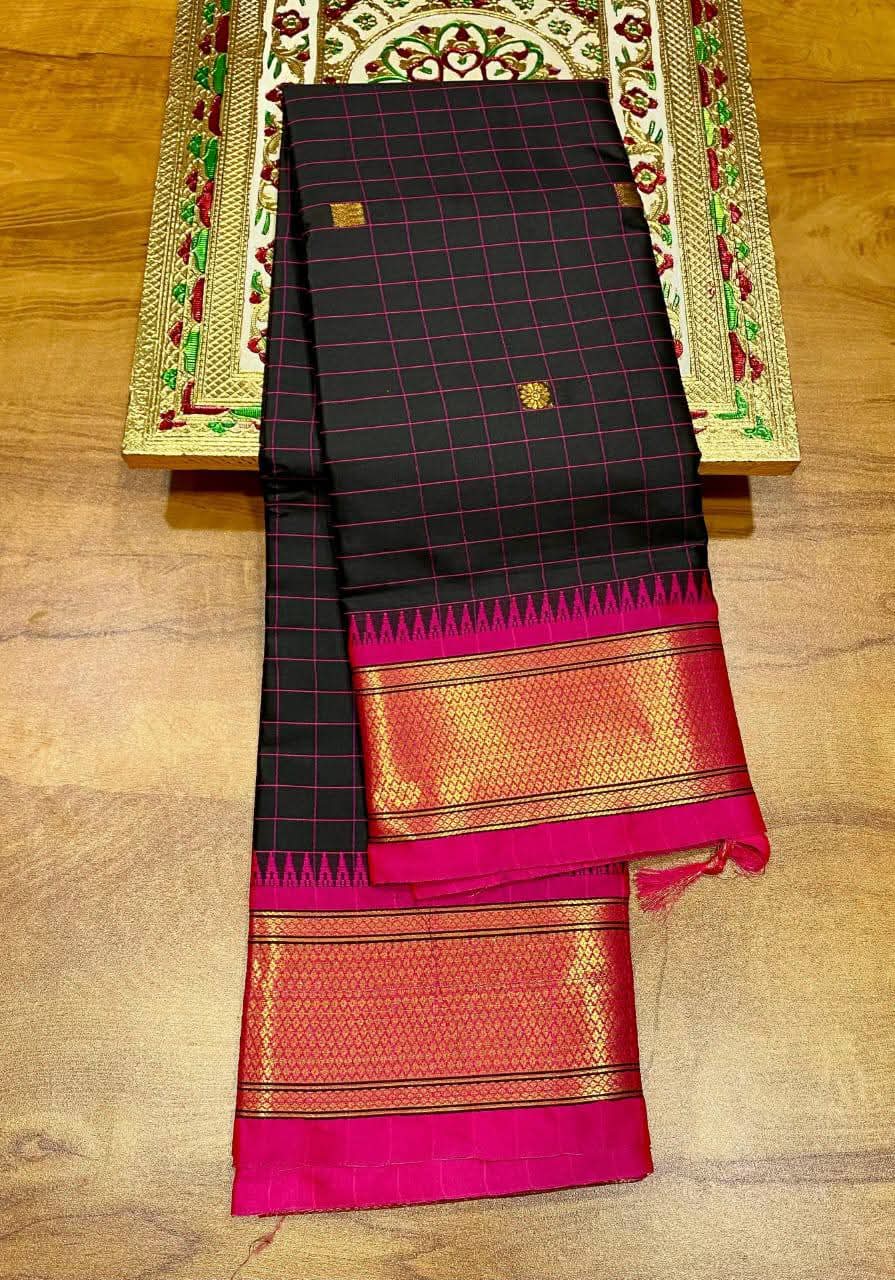 Elegant Black Checks Paithani Cotton Silk Saree with Pink & Gold Zari Border