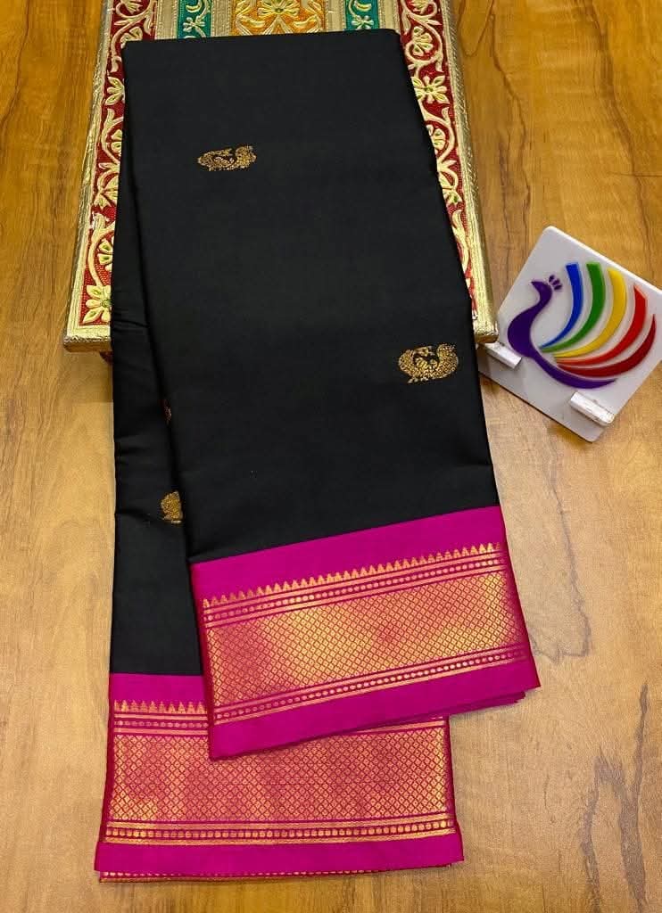 Midnight Black & Pink Paithani Cotton Silk Saree