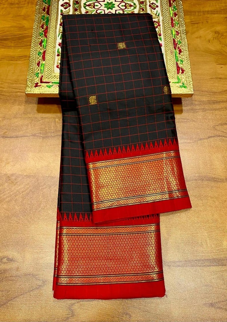 Elegant Black & Red Checks Paithani Cotton Silk Saree with Gold Zari Border