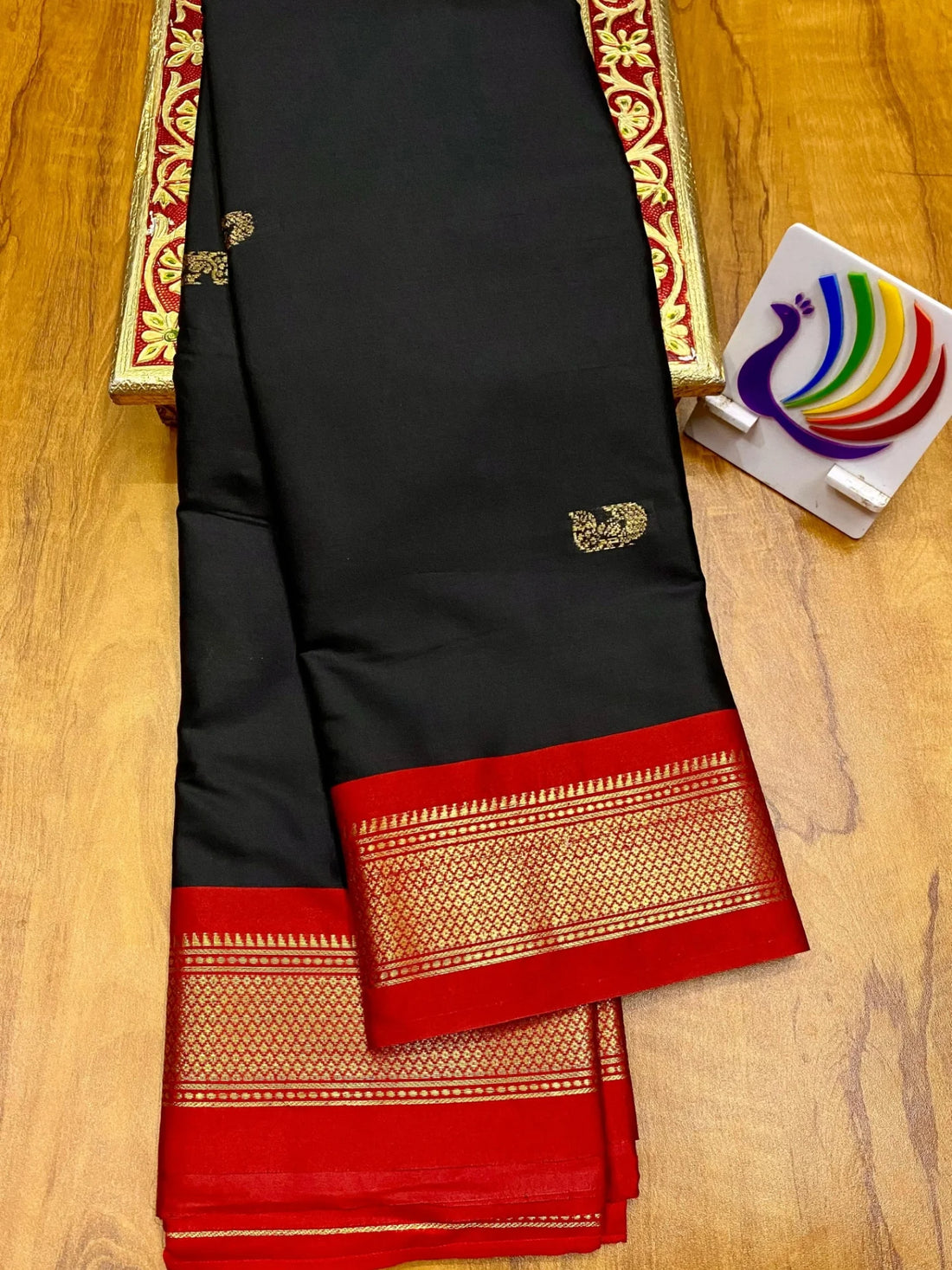 Royal Black & Crimson Red Paithani Cotton Silk Saree