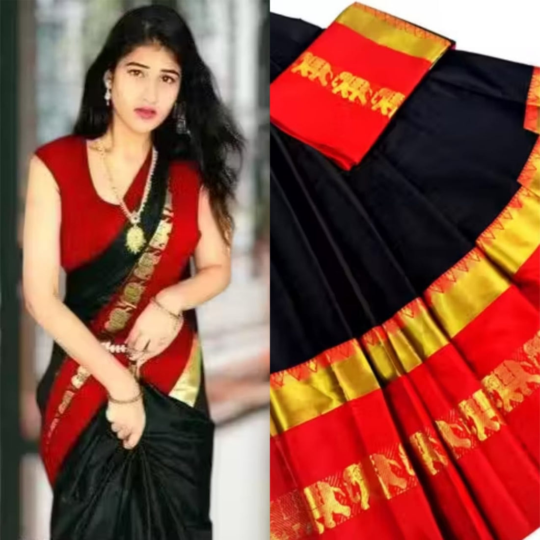 Elegant Black & Red Cotton Silk Saree – Savanna Elephant Collection