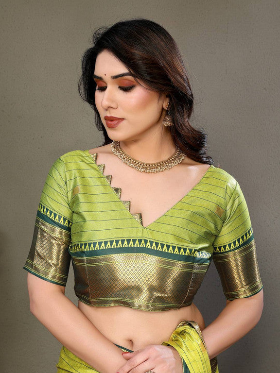 Bright Yellow & Green Checks Paithani Cotton Silk Saree with Gold Zari Border