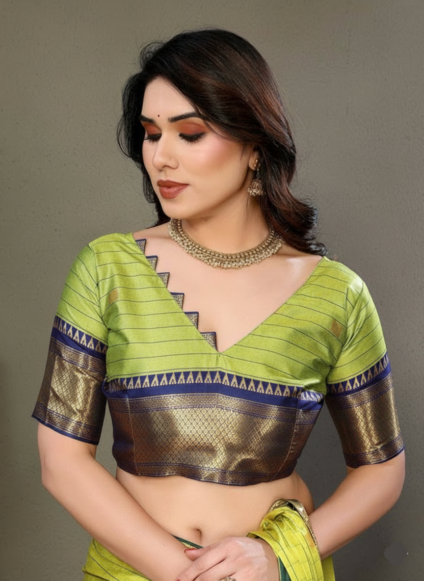 Stylish Lime Green & Blue Checks Paithani Cotton Silk Saree with Zari Border