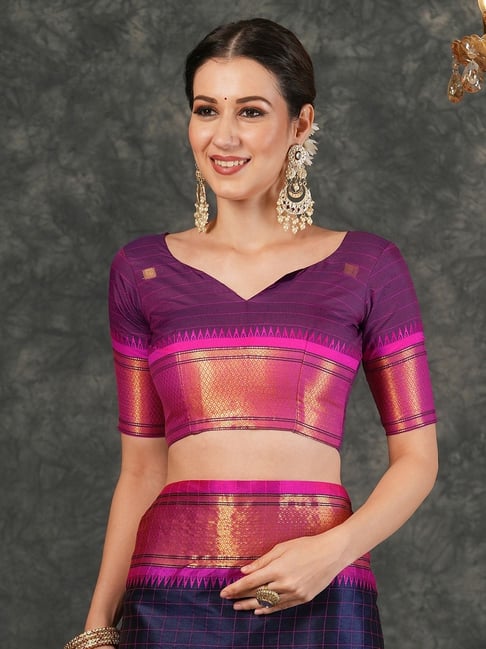 Elegant Navy Blue & Pink Checks Paithani Cotton Silk Saree with Zari Border