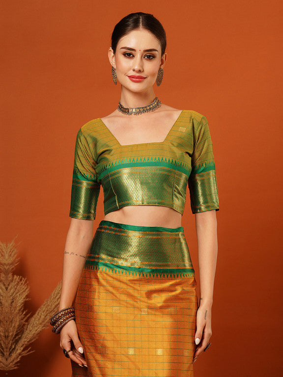 Elegant Gold & Green Checks Paithani Cotton Silk Saree with Zari Border