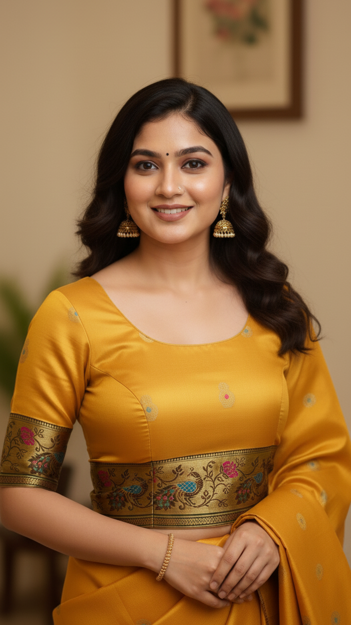 Mustard Gold Jacquard Silk Saree with Peacock Zari Border