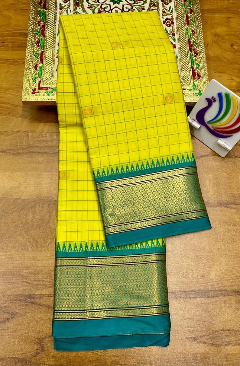 Bright Yellow & Green Checks Paithani Cotton Silk Saree with Gold Zari Border