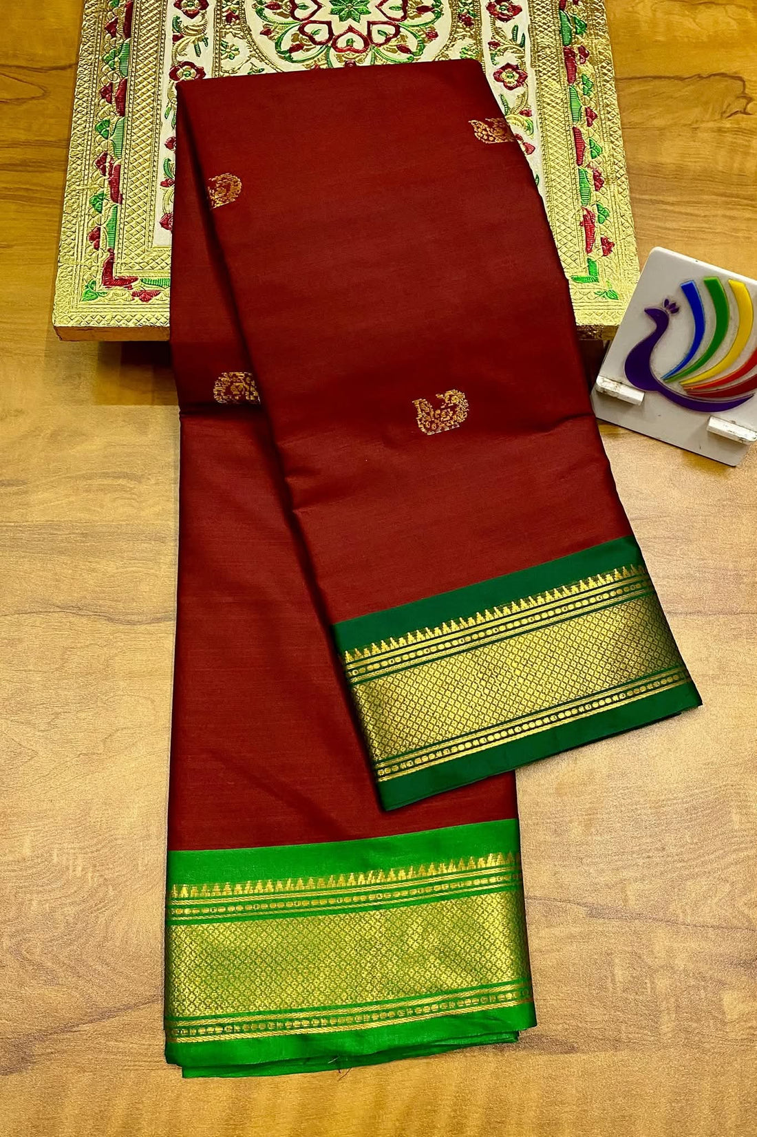 Elegant Brown & Emerald Green Paithani Cotton Silk Saree