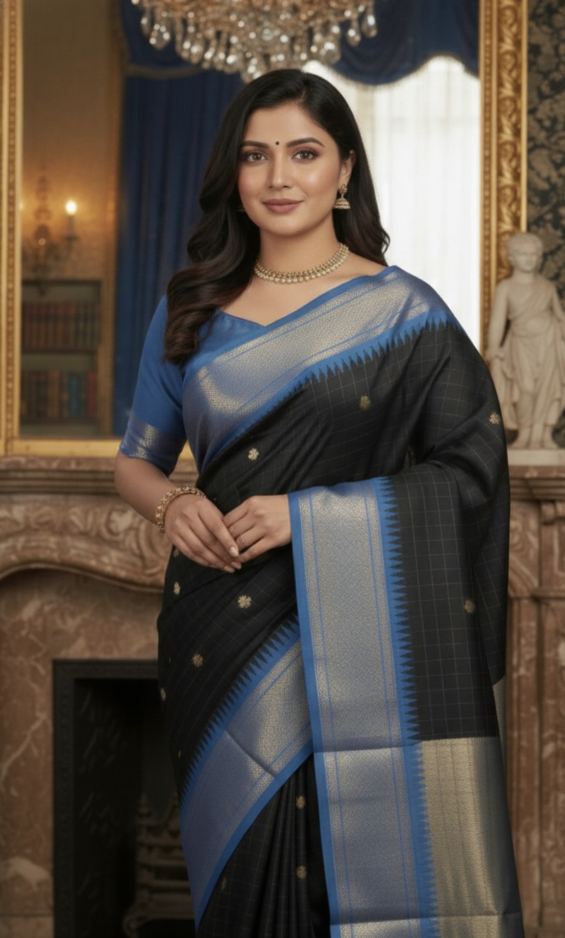 Royal Black & Blue Checks Paithani Silk Saree with Zari Border