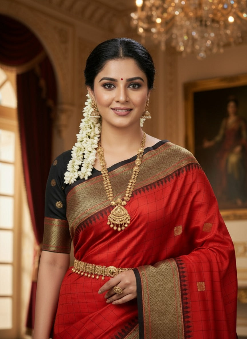 Royal Red & Black Cotton Silk Checks paithani Saree