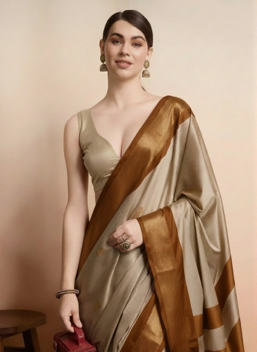 Elegant Tussar Beige & Rich Brown Paithani Cotton Silk Saree