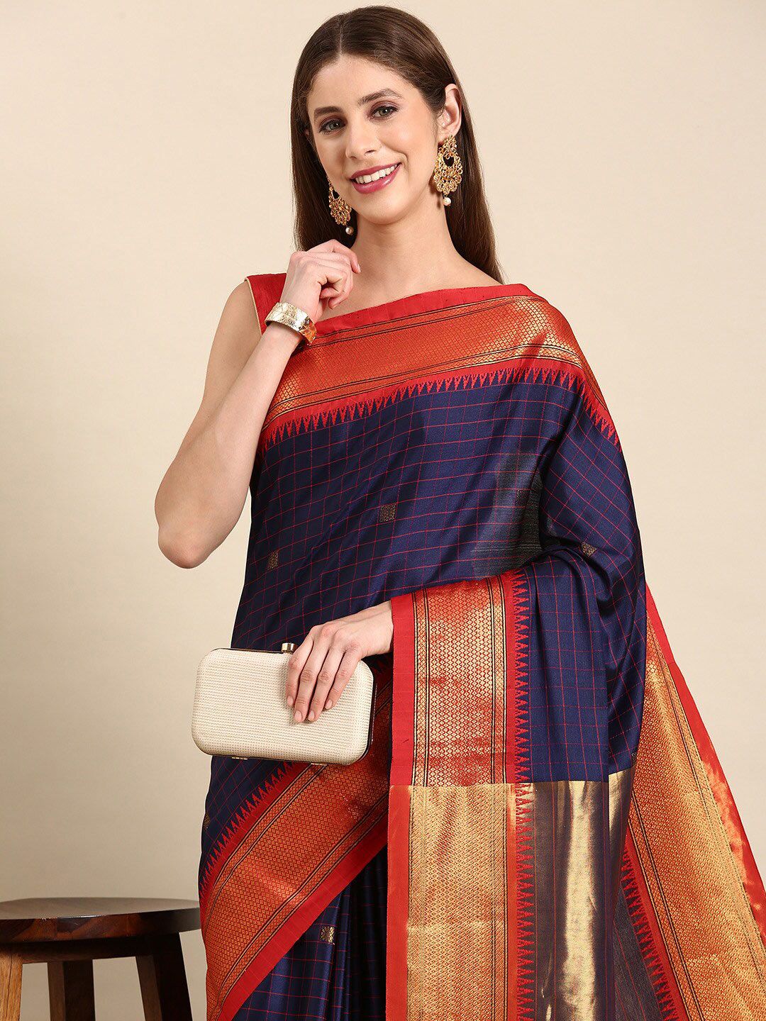Elegant Navy Blue & Red Checks Cotton Silk Saree with Rich Zari Border