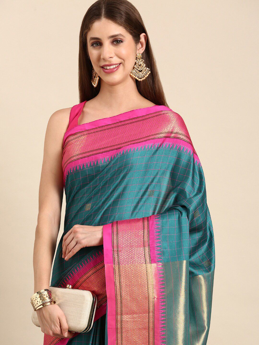 Teal Blue & Rani Pink Checked Cotton Silk Saree with Rich Zari Border