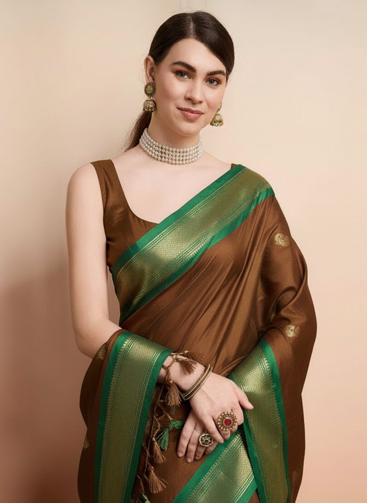 Elegant Brown & Emerald Green Paithani Cotton Silk Saree