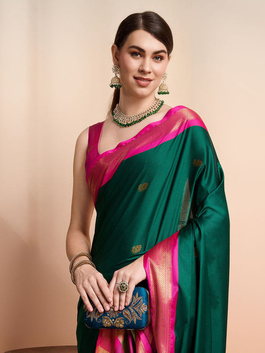 Royal Emerald Green & Rani Pink Paithani Cotton Silk Saree