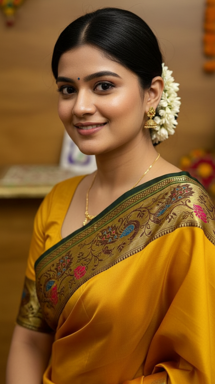 Mustard Gold Jacquard Silk Saree with Peacock Zari Border