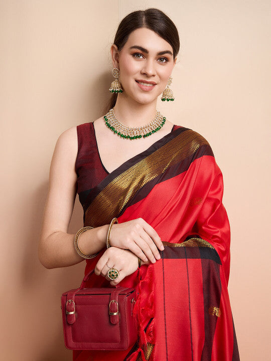 Classic Red & Deep Brown Paithani Cotton Silk Saree