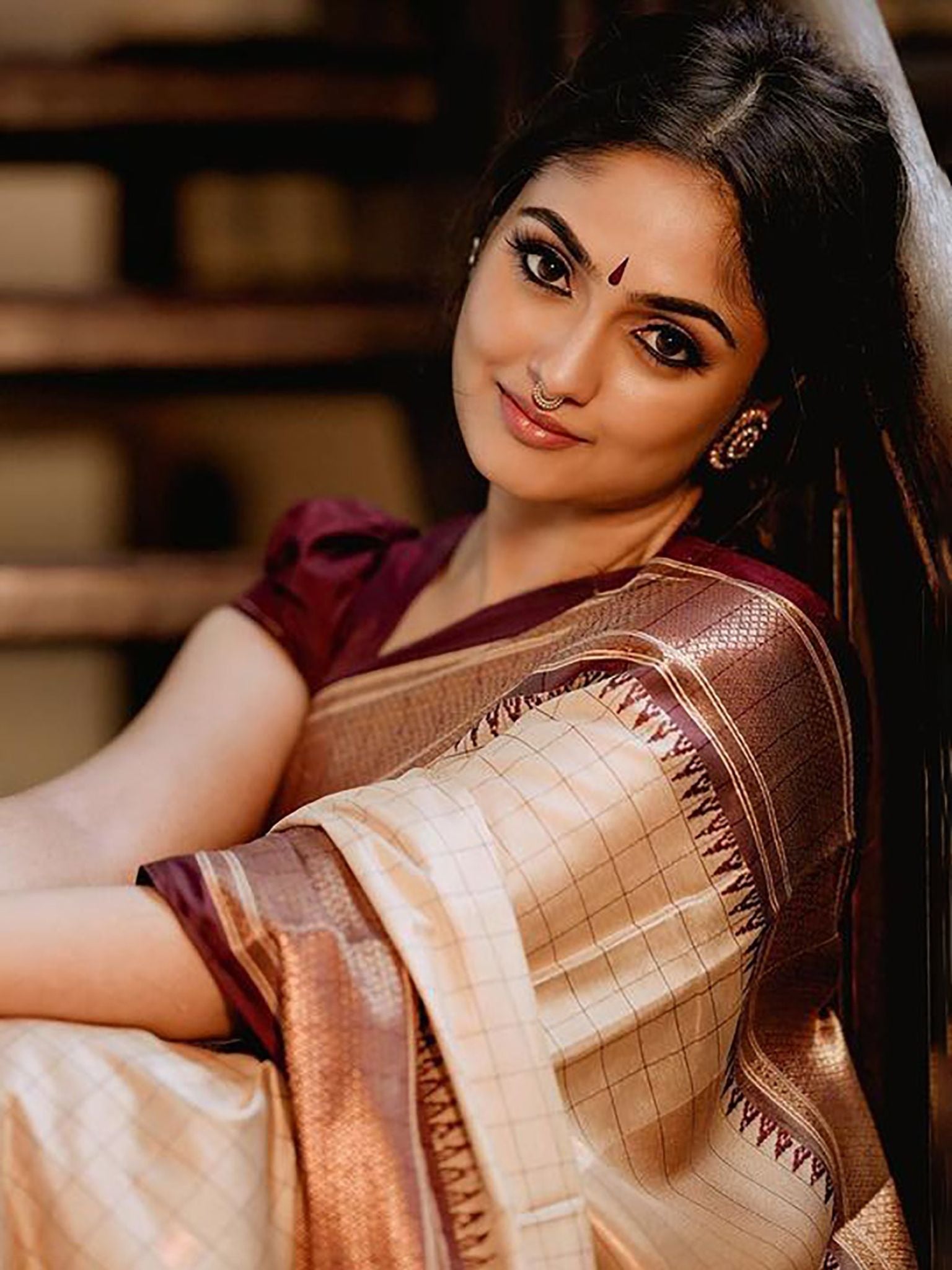 Elegant Cream & Brown Checks Paithani Cotton Silk Saree with Gold Zari Border