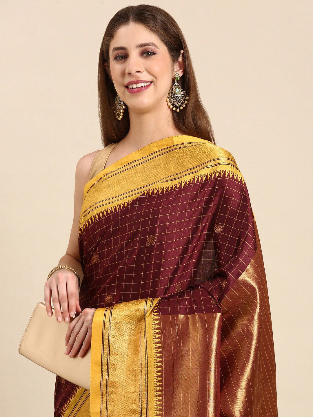 Rich Dark Maroon & Golden Yellow Checks Paithani Cotton Silk Saree with Zari Border