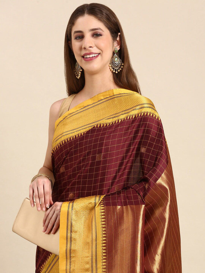 Rich Dark Maroon & Golden Yellow Checks Paithani Cotton Silk Saree with Zari Border
